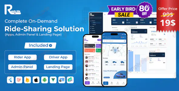 ReadyRide v2.6 - Complete Ride Sharing Rider & Driver Mobile Apps with Web Admin Panel